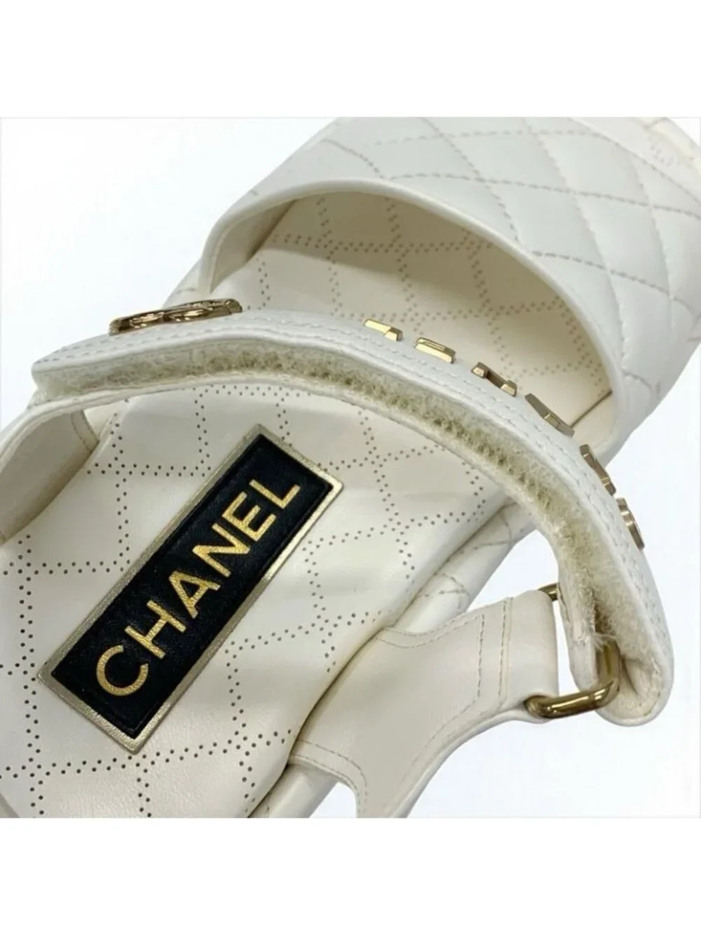 Chanel Sandals Shoes Leather White Gold Quilted Coco Mark Logo Velcro - Picture 7 of 10